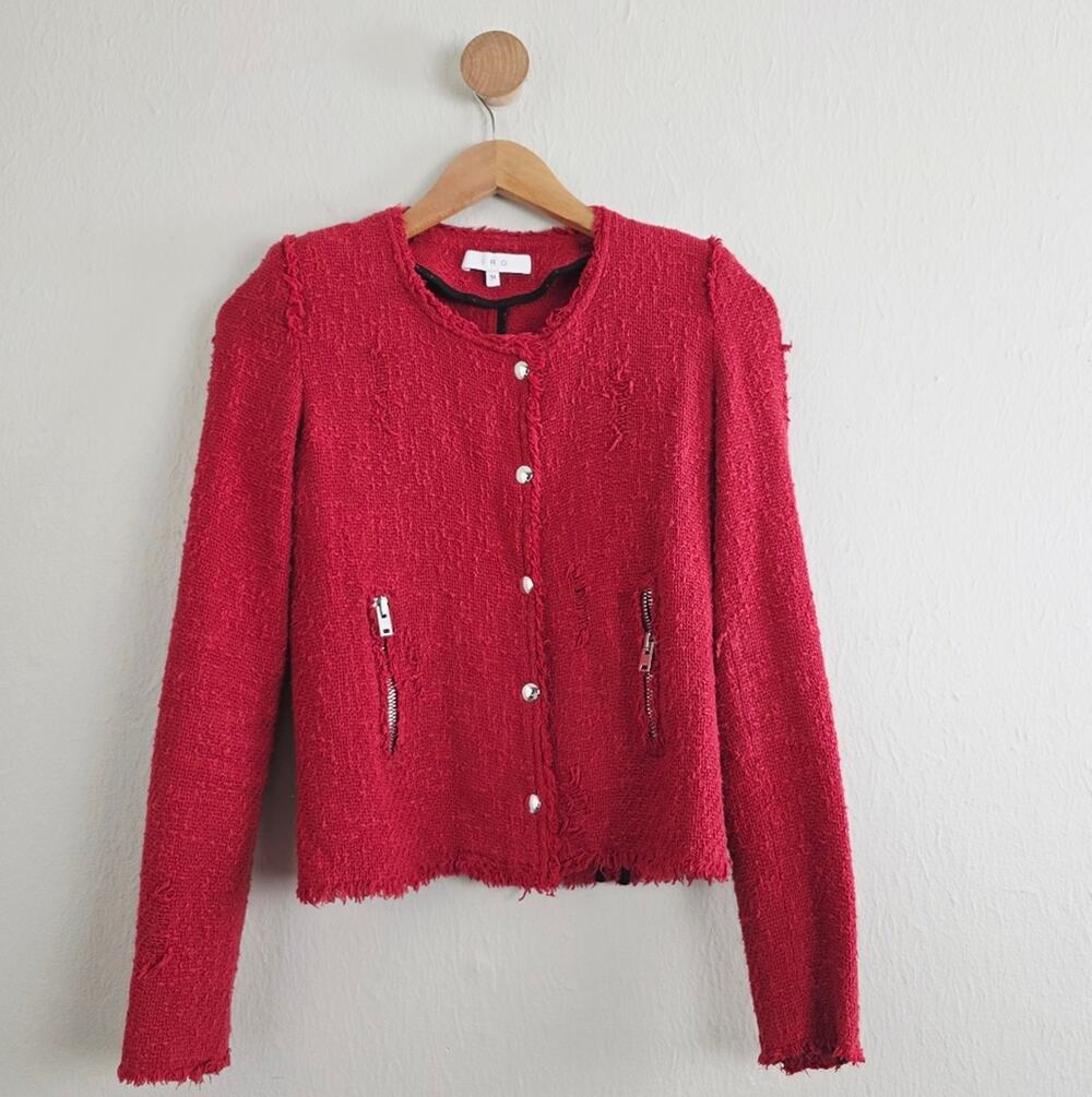 IRO Paris Agnette Poppy Red Distressed Shredded Tweed Bomber Jacket FR 34 US XS